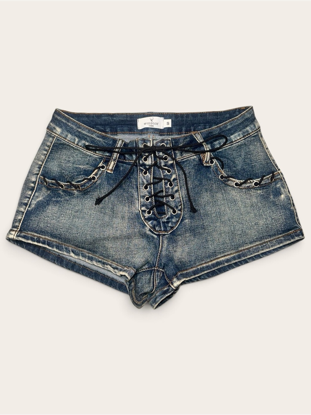 Windsor Lace-Up Washed Denim Micro Shorts - Blue Size Small NWT